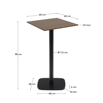 Dina high table in walnut finish melamine with metal leg in a painted black finish, 60x60x96 cm - sizes