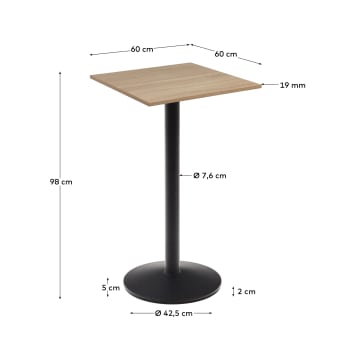 Υψηλό τραπέζι Esilda από μελαμίνη σε φυσικό φινίρισμα και μεταλλική βάση σε μαύρο βαμμένο φινίρισμα, 60x60x96εκ - μεγέθη