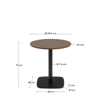 Dina round table in walnut finish melamine with metal leg in a painted black finish, Ø 68x70 cm - sizes