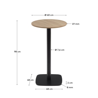 Ψηλό στρογγυλό τραπέζι Dina από μελαμίνη σε φυσικό φινίρισμα και μεταλλική βάση σε μαύρο βαμμένο φινίρισμα, Ø 60x96εκ - μεγέθη