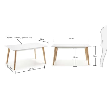 Tavolo Melan in MDF bianco e gambe in legno massello di caucciù 160 x 90 cm - dimensioni
