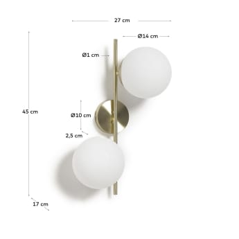 Mahala steel wall light with brass finish and two frosted glass spheres - sizes