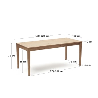 Yain uitschuifbare tafel in eikenfineer en massief eiken 120 (180) x 80 cm - maten