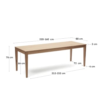 Yain uitschuifbare tafel in eikenfineer en massief eiken 160 (220) x 80 cm - maten