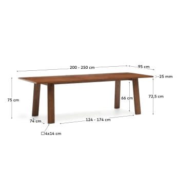 Mesa extensível Arlen chapa e madeira maciça carvalho acabamento nogueira 200(250)x95cm FSC Mix Credit - tamanhos