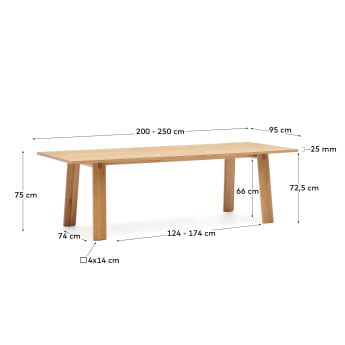 Mesa extensível Arlen chapa e madeira maciça carvalho acabamento natural 200(250)x95cm FSC Mix Credit - tamanhos