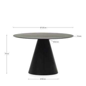 Wilshire ronde tafel van gehard glas en metaal met matzwarte afwerking, Ø 120 cm - maten
