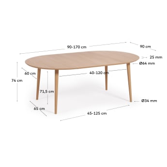 Tavolo rotondo allungabile Oqui MDF impiallacciato rovere e gambe in legno massiccio 90 (170) x 90 cm - dimensioni