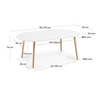 Table extensible ronde Oqui MDF laqué blanc et pieds bois de hêtre 90 (170) x 90 cm - dimensions