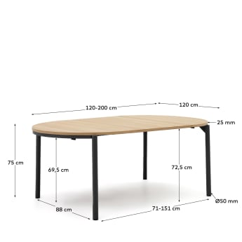 Table extensible ronde Montuiri placage en chêne et pieds en acier finition noire  Ø 120 (200) cm - dimensions