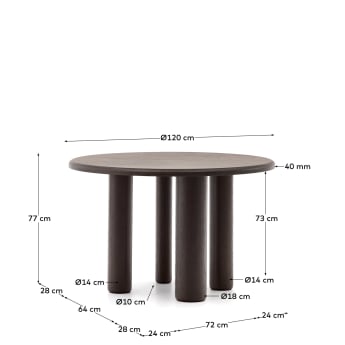 Mailen round table in ash wood veneer with dark finish, Ø 120 cm - sizes