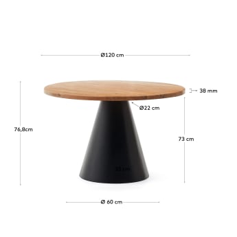 Wilshire: ronde tafel in massief acaciahout en zwarte stalen poten Ø 120 cm - maten