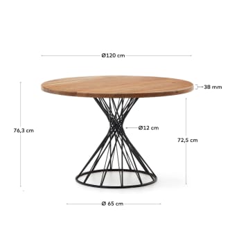 Stół okrągły Niut z litego drewna akacjowego ze stalowymi nogami z czarnym wykończeniem Ø 120 cm - rozmiary