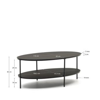 Tavolino Fideia in vetro temperato e metallo finitura verniciato nero opaco Ø 110 x 65 cm - dimensioni