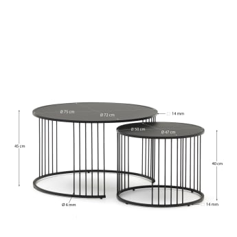 Hadar set of 2 tempered glass & metal side tables with matte black finish, Ø 75cm / Ø 45cm - sizes