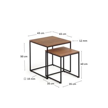 Ensemble 2 tables d'appoint gigognes Yoana en placage de noyer et structure en métal noir - dimensions