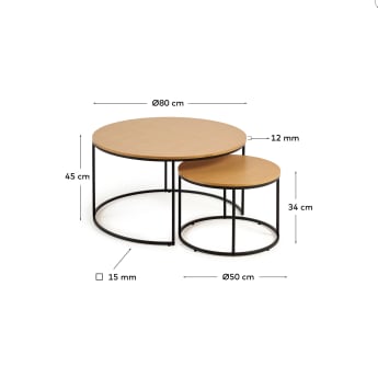 Yoana set of 2 nesting side tables with oak wood veneer & black metal, Ø 80 cm / Ø 50 cm - sizes