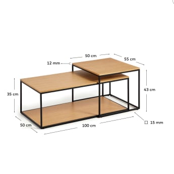 Ensemble de 2 tables basses gigognes Yoana en placage de chêne et structure en métal noir - dimensions
