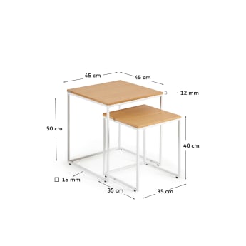 Ensemble 2 tables d'appoint gigognes Yoana en placage de chêne et structure en métal blanc - dimensions