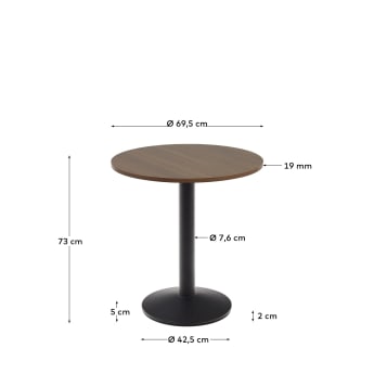 Esilda round table in walnut finish melamine with metal leg in a painted black finish, Ø70x70 cm - sizes