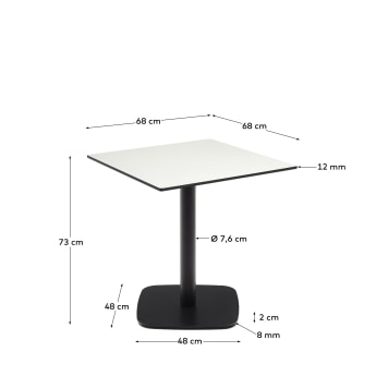 Τραπέζι εξωτερικού χώρου Dina, λευκό με μεταλλική βάση σε μαύρο βαμμένο φινίρισμα, 68 x 68 - μεγέθη