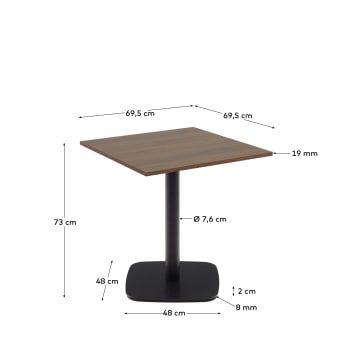 Dina table in walnut finish melamine with metal leg in a painted black finish, 70 x 70 x 70 cm - sizes
