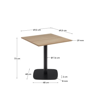 Dina table in natural finish melamine with metal leg in a painted black finish, 70 x 70 x 70 cm - sizes
