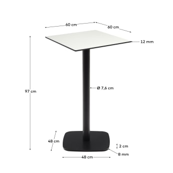 Ψηλό τραπέζι εξωτερικού χώρου Dina, λευκό με μεταλλική βάση σε μαύρο βαμμένο φινίρισμα, 60x60x96εκ - μεγέθη