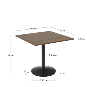 Esilda table in walnut finish melamine with metal leg in a painted black finish, 90 x 90 x 70 cm - sizes