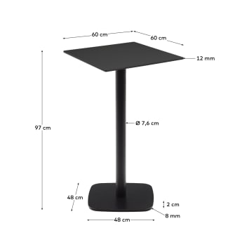 Ψηλό τραπέζι εξωτερικού χώρου Dina, μαύρο και μαύρη βαμμένη μεταλλική βάση, 60 x 60 x 96εκ - μεγέθη