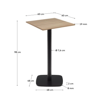 Ψηλό τραπέζι Dina από μελαμίνη σε φυσικό φινίρισμα και μεταλλική βάση σε μαύρο φινίρισμα, 60x60x96εκ - μεγέθη