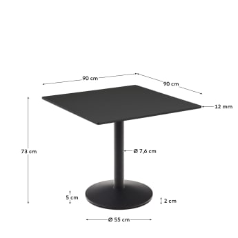 Esilda outdoor table in black with metal leg in a painted black finish, 90 x 90 x 70 cm - sizes