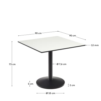Esilda outdoor table in white with metal leg in a painted black finish, 90 x 90 x 70 cm - sizes