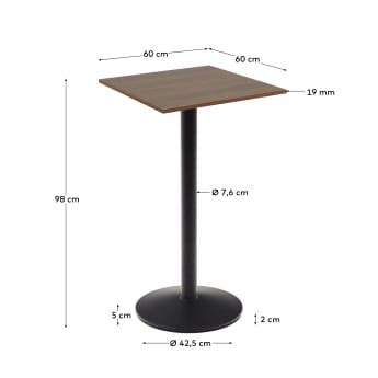 Esilda high table in walnut finish melamine with metal leg in a painted black finish, 60x60x96 cm - sizes