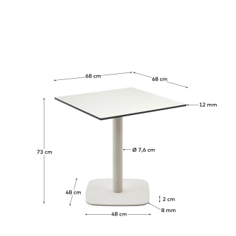 Τραπέζι εξωτερικού χώρου Dina, λευκό με λευκή βαμμένη μεταλλική βάση, 68 x 68 x 70εκ - μεγέθη