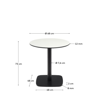 Στρογγυλό τραπέζι εξωτερικού χώρου Dina, λευκό με μεταλλική βάση σε μαύρο βαμμένο φινίρισμα, Ø 68x70εκ - μεγέθη