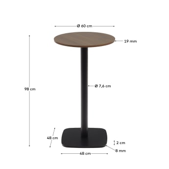 Dina high round table in walnut finish melamine with metal leg in a painted black finish, Ø60x96 cm - sizes