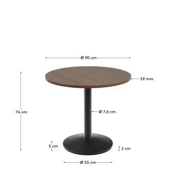 Στρογγυλό τραπέζι Esilda από μελαμίνη σε φινίρισμα καρυδιάς και μεταλλική βάση σε μαύρο βαμμένο φινίρισμα, Ø90x70εκ - μεγέθη