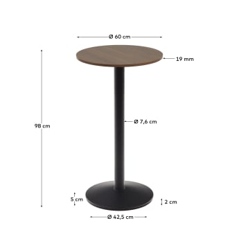 Esilda high round table in walnut finish melamine with metal leg in a painted black finish, Ø60x96cm - sizes