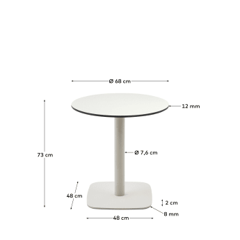 Στρογγυλό τραπέζι εξωτερικού χώρου Dina, λευκό με μεταλλική βάση σε λευκό βαμμένο φινίρισμα, Ø 68x70εκ - μεγέθη