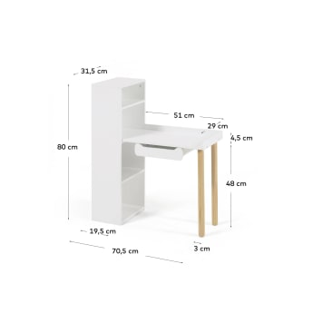 Desk with Dorotea shelf unit in white MDF and with natural FSC pine legs - sizes