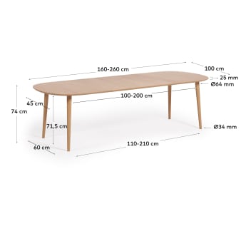 Table extensible Oqui MDF placage chêne et pieds en bois 160(260)x100 cm - dimensions