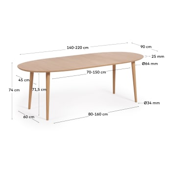 Table extensible Oqui ovale en placage de chêne et pieds en bois Ø140 (220) x 90 cm - dimensions