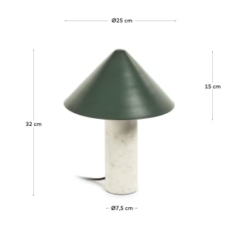 Valentine table lamp, white marble and metal with a green painted finish UK adaptador - sizes