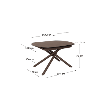 Table extensible Yodalia en grès cérame et pieds en acier finition marron 130(190)x100 cm - dimensions