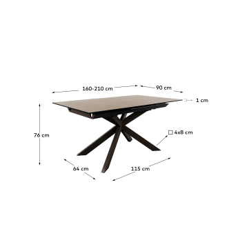 Atminda uitschuifbare tafel met porseleinen blad en bruine stalen poten 160(210)x90 cm - maten