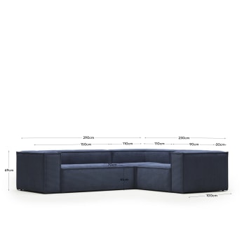 Blok 3 seater corner sofa in blue wide seam corduroy, 290 x 230 cm / 230 cm 290 cm FR - sizes