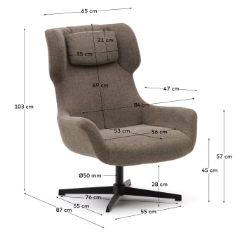 Zalina swivel armchair in light brown chenille and steel with black finish - sizes