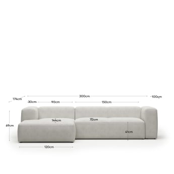 Blok 3 seater sofa with left side chaise longue in white fleece, 300 cm FR - sizes