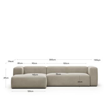 Blok 3 seater sofa with left side chaise longue in beige, 300 cm FR - sizes
